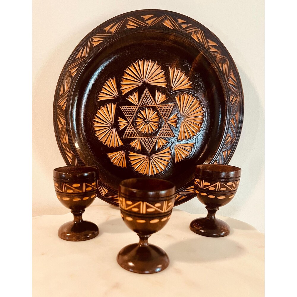 Vintage Polish Folk Art Hand Carved Wood Plate & Cordial Cups Set